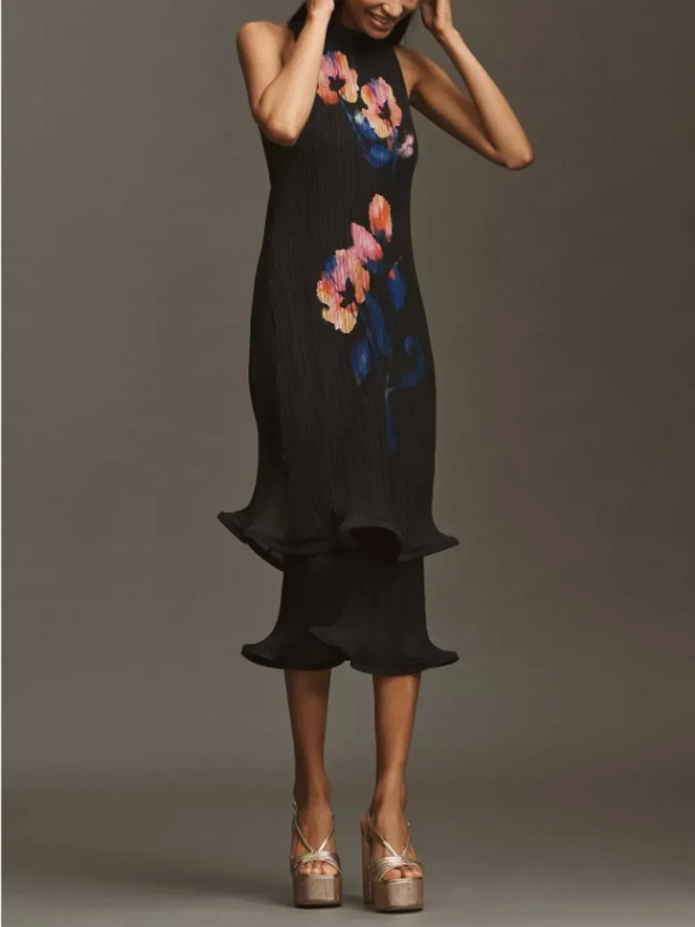 NWT By Anthropologie Occasion Plissé Midi Dress XS Sleeveless Mock-Neck - Picture 2 of 11